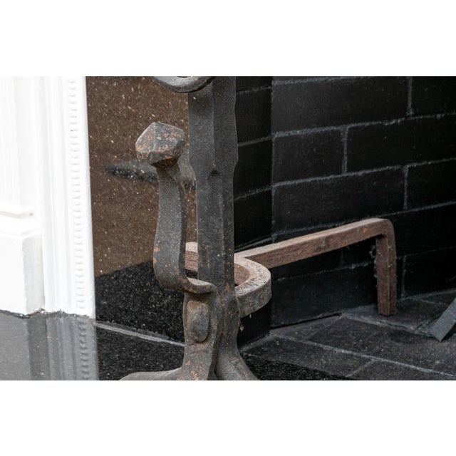 Metal Antique Tall Wrought Iron Fireplace Andirons With Urn Form Brass Finials—A Pair For Sale - Image 7 of 8