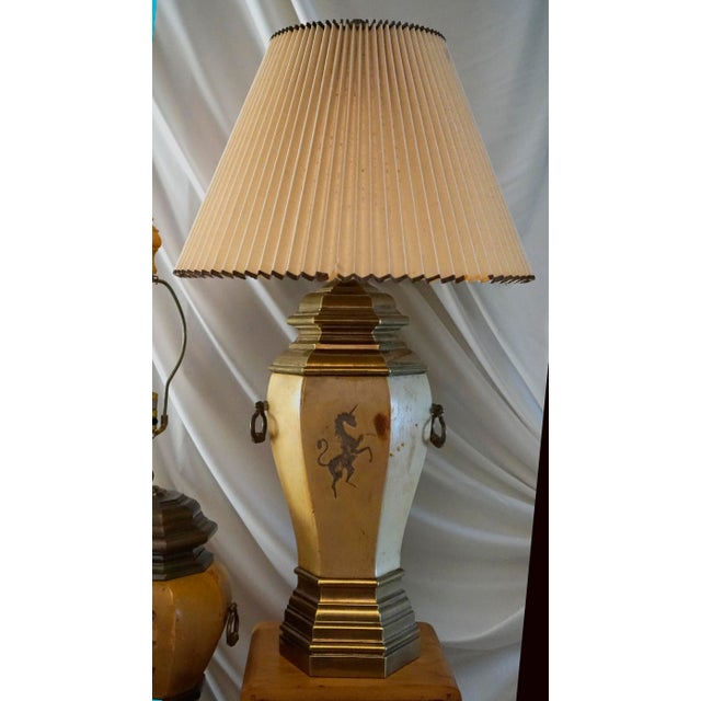 1970s Chapman Manufacturing Vintage Leather and Brass Table Lamps & Lamp Shade - a Pair For Sale - Image 11 of 13