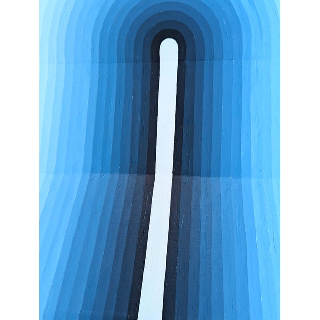 Blue and white abstract contemporary concentric ombre oval shaped painting by Houston, TX artist David Hardaker. The work...