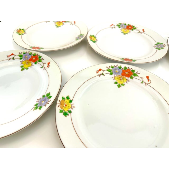 Ceramic Vintage 1940's Hand Painted Floral Plates, Trico Nagoya Japan- Set of 6 For Sale - Image 7 of 11