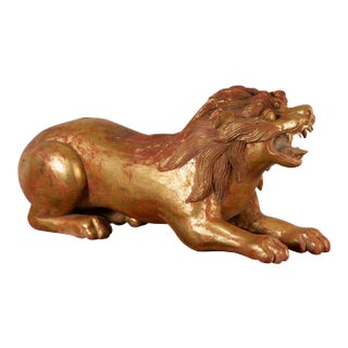 Vintage Thai Gilded and Carved Wooden Mythical Creature with Red Undertone For Sale