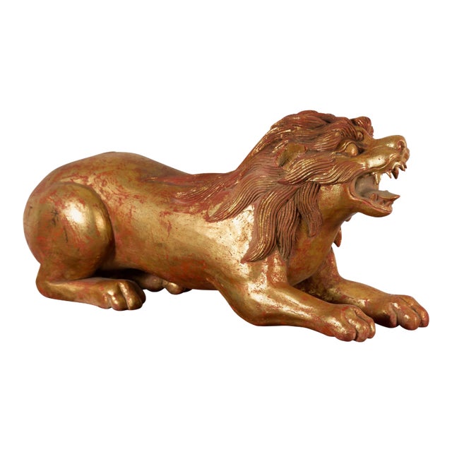 Vintage Thai Gilded and Carved Wooden Mythical Creature with Red Undertone For Sale