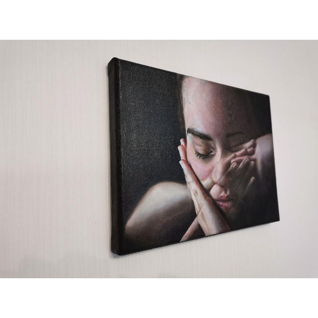 Contemporary Hope is a Dangerous Thing by Claudia Kaak | Oil Painting of a contemplative young woman with hands on her face For Sale - Image 3 of 4