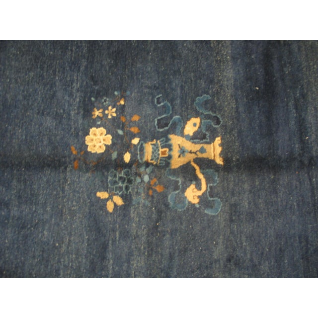 Textile 1900s Navy Blue Floral Antique Chinese Peking Rug 8'3" X 9'9" Handknotted Wool Carpet For Sale - Image 7 of 10