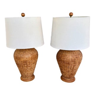 1970s Pair of Woven Rattan and Wood Ginger Jar Lamps in the Style of Ralph Lauren For Sale