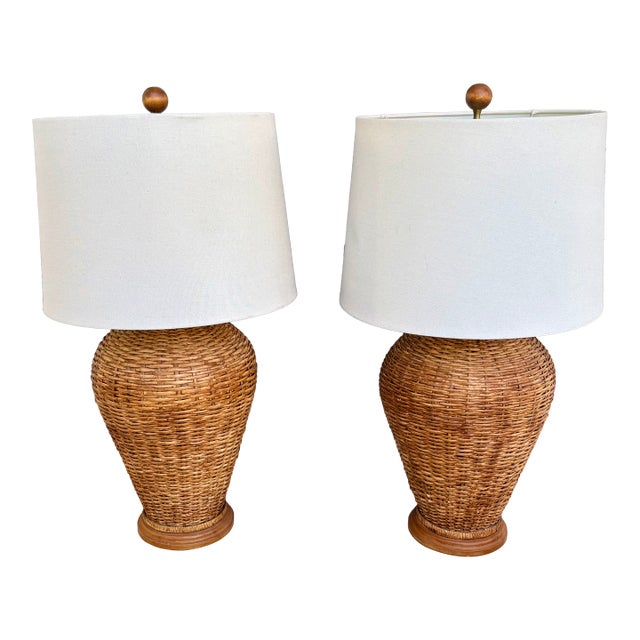 1970s Pair of Woven Rattan and Wood Ginger Jar Lamps in the Style of Ralph Lauren For Sale