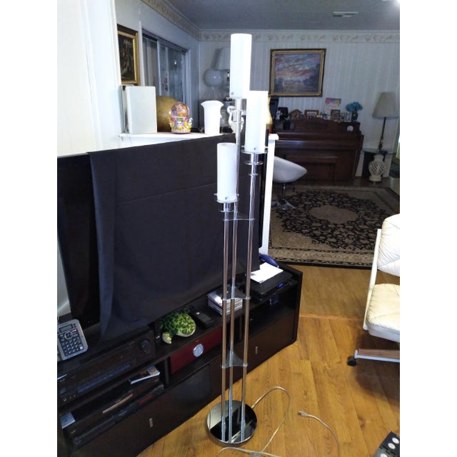 This statuesque 1980s chrome and glass lamp stands at71" tall it commands attention yet has fine lines and will go with...