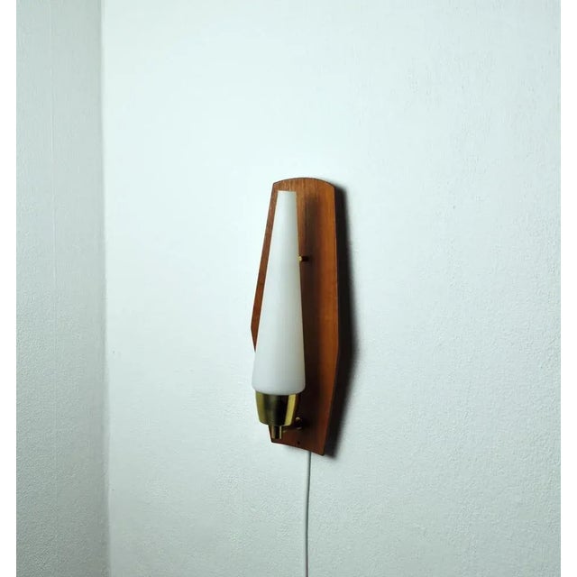 Scandinavian Modern Wall Light in Teak, Brass & Opaline Glass, Denmark, 1960s For Sale - Image 6 of 13
