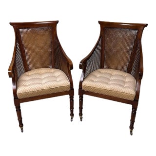 Pair of Early Mid-Century Regency Caned Library Chairs With Quilted Tufted Upholstery For Sale