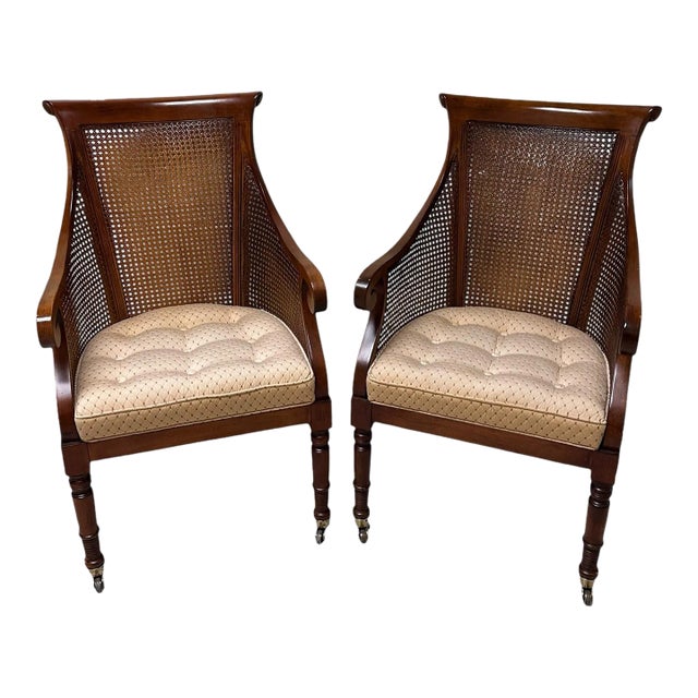 Pair of Early Mid-Century Regency Caned Library Chairs With Quilted Tufted Upholstery For Sale