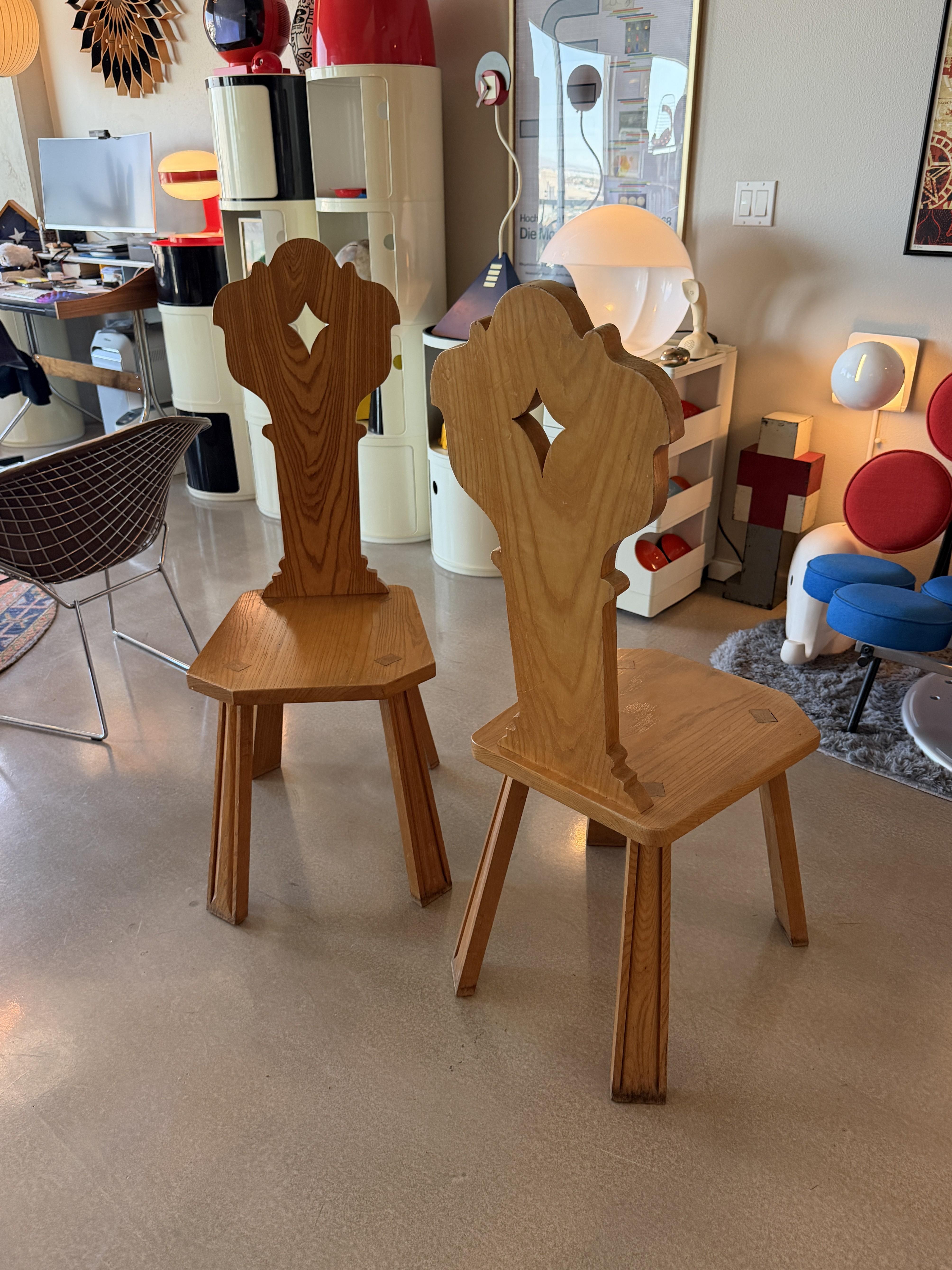 Vintage Mid-Century Alpine French Brutalist Carved Oak Side Chairs