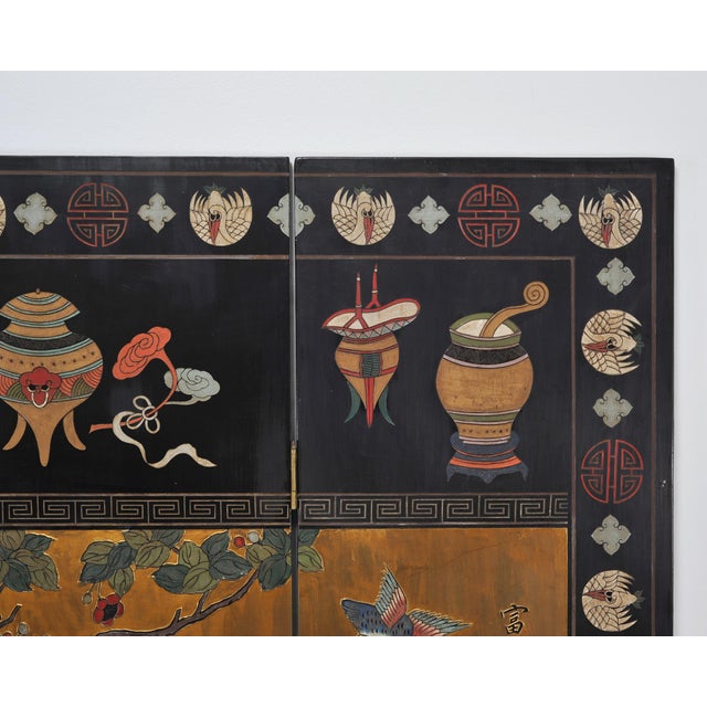 Black Chinese Export Lacquered Gilt Coromandel Screen Cranes and Ducks For Sale - Image 8 of 18