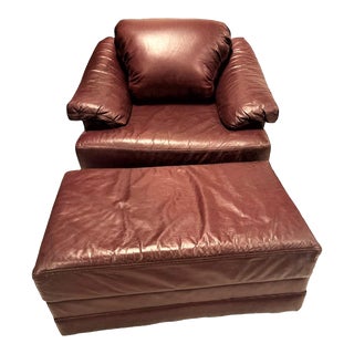 Extra Wide Burgundy Leather Chair and Ottoman Set - Mid 20th Century For Sale