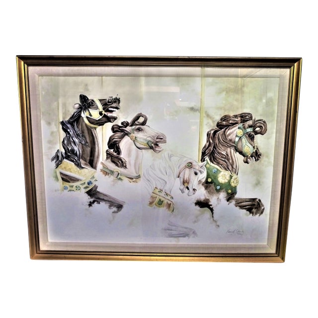 1980s Hershey Park Carousel Horses Framed Watercolor, by Nancy Strailey, 44"x32.5" For Sale