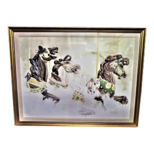 1980s Hershey Park Carousel Horses Framed Watercolor, by Nancy Strailey, 44"x32.5"