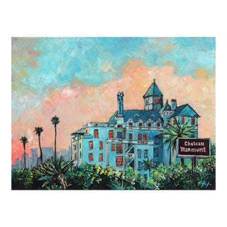 Castle on the Hill - Pink Blue Hollywood Still Life Landscape Painting Original Artwork by Kathleen Keifer For Sale