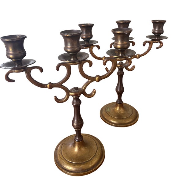 Mid 20th Century Pair of Heavy Brass Three-Light Candelabra | Dark Academia English Library Style For Sale - Image 4 of 8