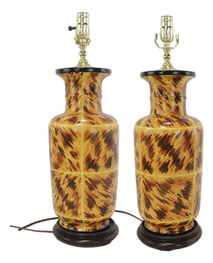 A Pair of Early 21st-Century Hand-Painted Tortoiseshell-Patterned Art Ceramic Table Lamps