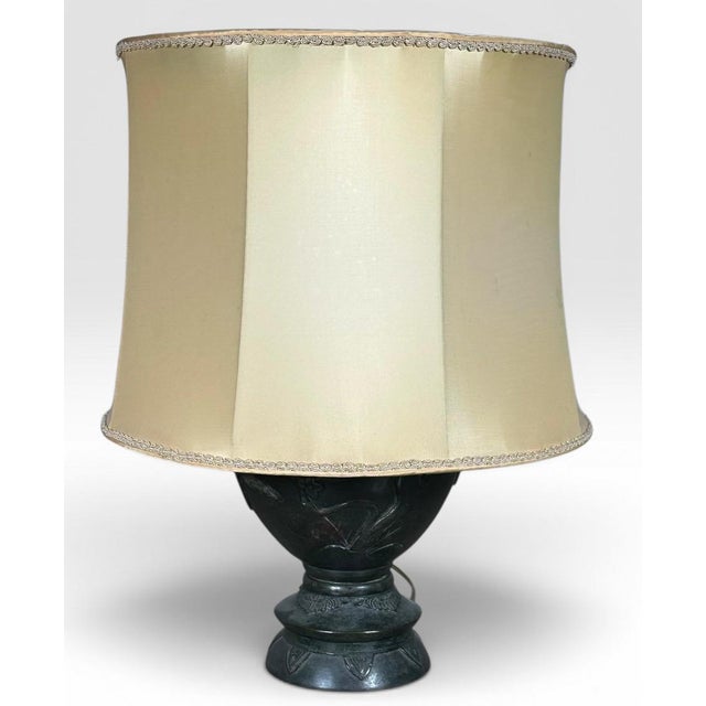 Antique Japanese Meiji Period Patinated Bronze Vase Table Lamp With High Relief Bird And Flower Silk Pagoda Shade This...