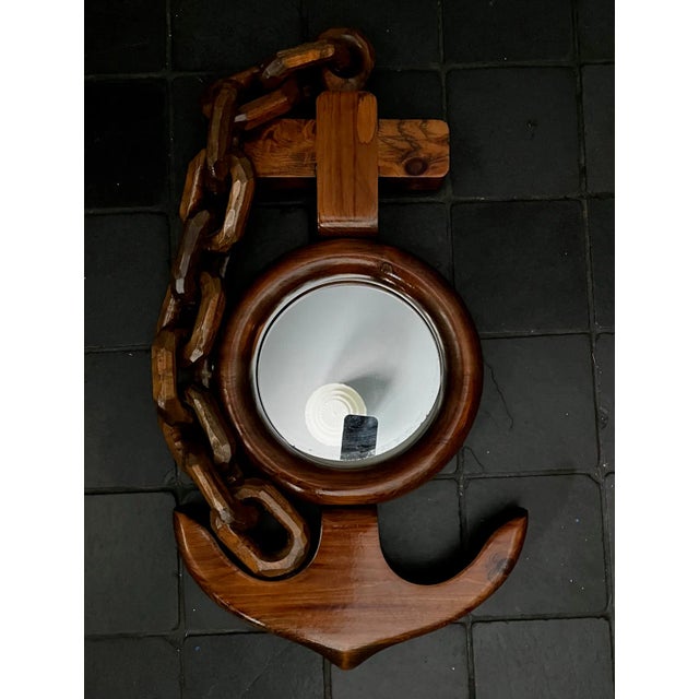 Nautical Folk Art Hand-Carved MCM Wooden Anchor and Chain Mirror For Sale - Image 4 of 9