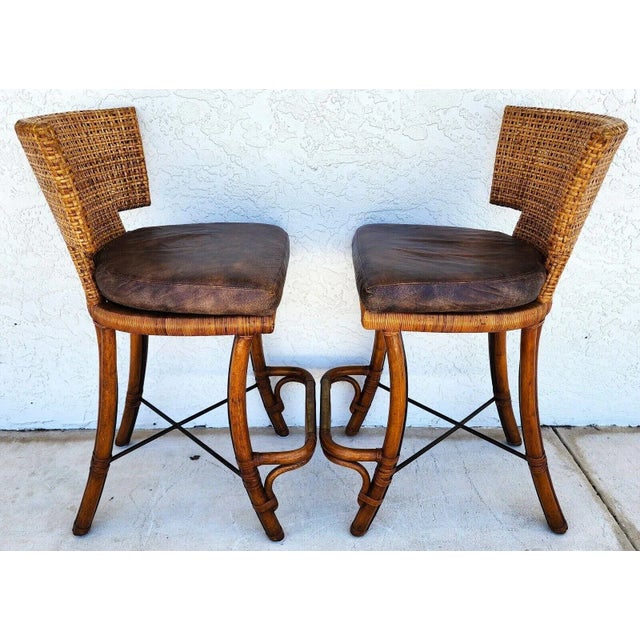 Kreiss Bamboo Barstools Leather Pair For Sale - Image 11 of 13