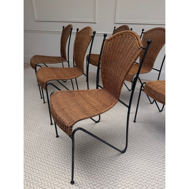 Mid-Century Wicker and Iron Dining Chairs attributed to Frederic Weinberg, 1950s, Set of 6 For Sale - Image 14 of 16