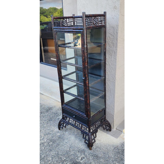 Stunning vintage bamboo and glass display cabinet. The measurements for the display area are about 18" wide and 12" deep.