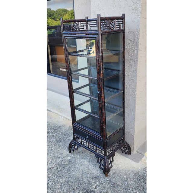 Stunning vintage bamboo and glass display cabinet. The measurements for the display area are about 18" wide and 12" deep.