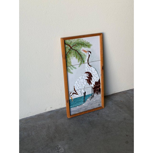 1960s Vintage Danish Mosaic Tile Wall Art With Cranes – Mid Century Modern Framed Panel 1960s For Sale - Image 5 of 10