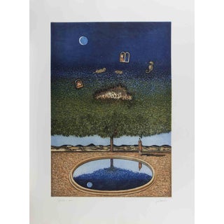 Franco Fortunato, Dreamlike Landscape with Tree, Moon, Lithograph, 1990s For Sale