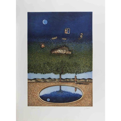 Franco Fortunato, Dreamlike Landscape with Tree, Moon, Lithograph, 1990s For Sale