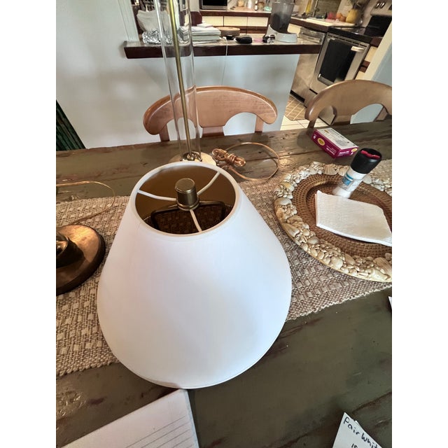 1990s Pair of Ralph Lauren Home Adjustable Tubular Glass & Brass Table Lamps With Original Shades For Sale - Image 12 of 13