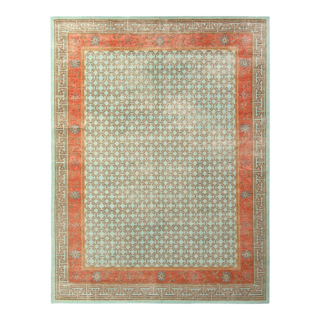 Rug & Kilim’s Border Rug in Mint and Rust, 10x14 For Sale
