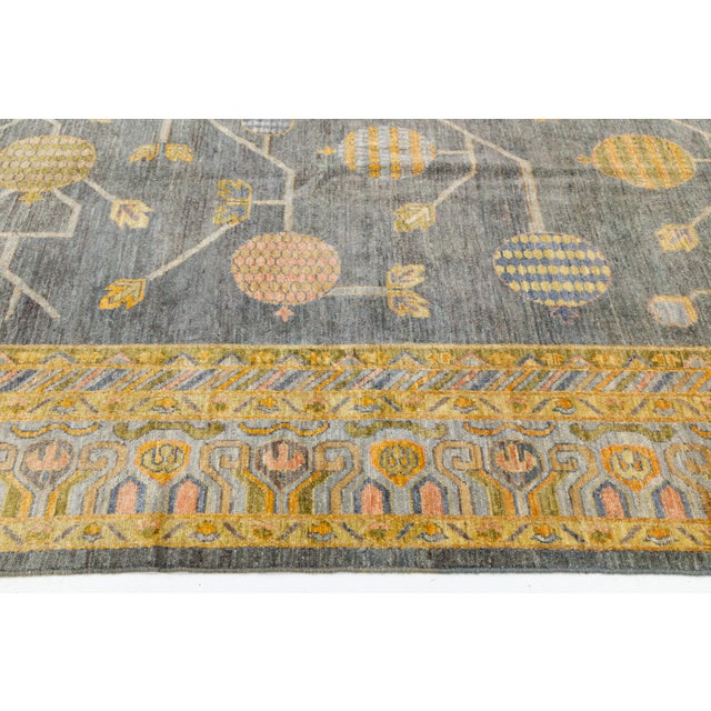 Modern Khotan-Style Pomegranate Tree Charcoal Wool Area Rug For Sale In New York - Image 6 of 12