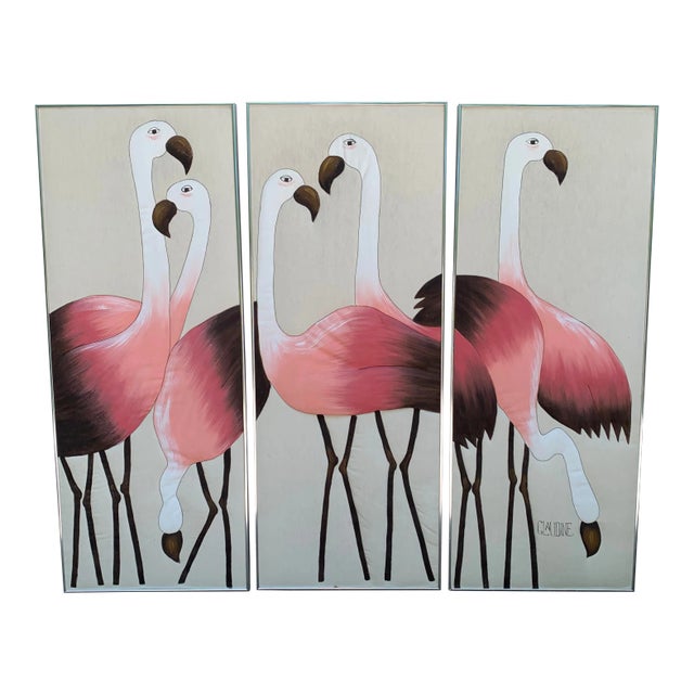 Hand Painted Flamingo Triptych on Fabric For Sale
