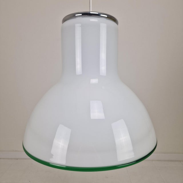 Glass Mid-Century Modern Italian Murano Cased Glass Pendant Light with Green Trim, 1970s For Sale - Image 7 of 15