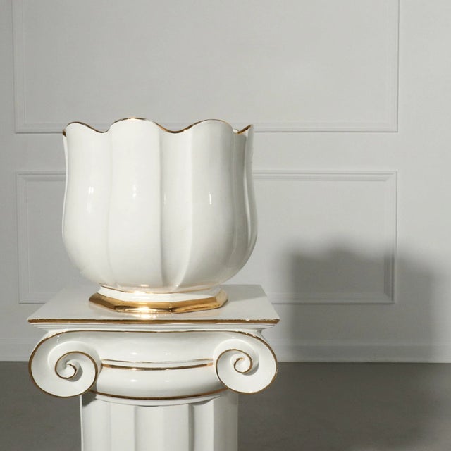 White 1960's Italian Ionic Column Ceramic Pedestal with Lotus Urn For Sale - Image 8 of 11