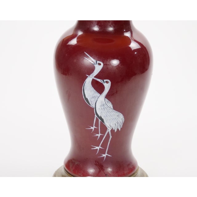 Pair of Mid-20th Century Burgundy Red Porcelain Chinoiserie Heron Table Lamps For Sale - Image 9 of 12