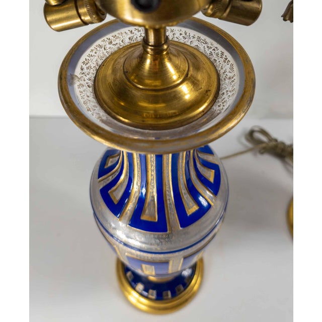 19th Century Pair of Bohemian Cameo Glass Table Lamp Vases With Greek Key Design in Blue For Sale - Image 13 of 16
