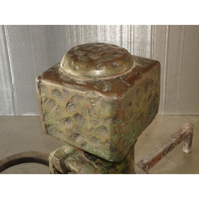 Gold Vintage Spanish Revival Hammered Iron Three Piece Andirons Fireplace Accessorie For Sale - Image 8 of 15