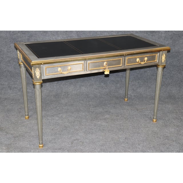 1960s Stunning 1960's Louis XVI Style John Vesey Steel and Bronze Writing Desk Leather For Sale - Image 5 of 18