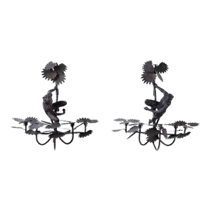 Hollywood Regency Italian Cast Iron Monkey Palm Wall Sconces - Pair