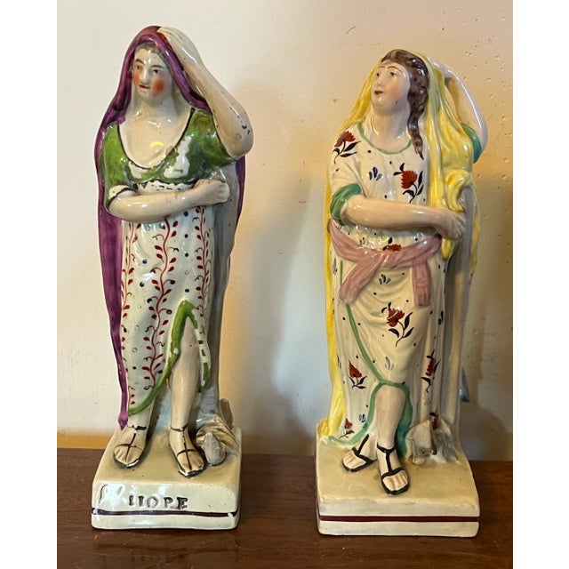 Ceramic Antique Early 19th Century English Staffordshire Pearlware Neoclassical Figures of Hope With an Anchor - a Pair For Sale - Image 7 of 9