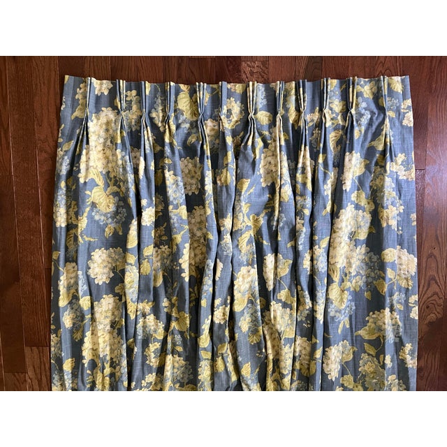 Pair of Extra Long Waverly Chambray Blue Hydrangea Custom Curtains For Sale In Washington DC - Image 6 of 12