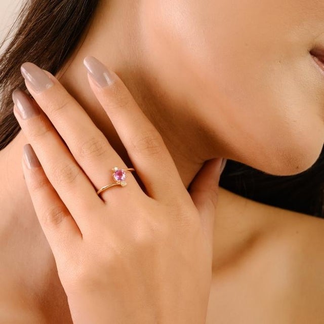 Pink 14k Gold Natural Pink Sapphire Bypass Diamnd Three Stone Promise Ring Size 7 For Sale - Image 8 of 16