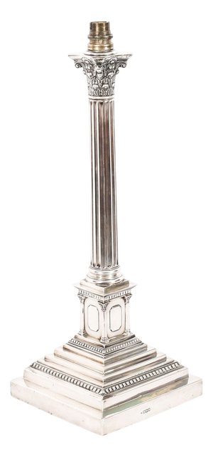 Antique Sterling Silver Corinthian Column Table Lamp from Walter Latham & Son, 1910s