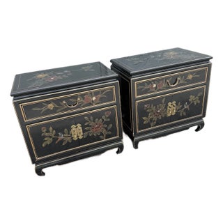 Vintage Cantonese Black Lacquered Hand Painted Nightstands - A Pair For Sale