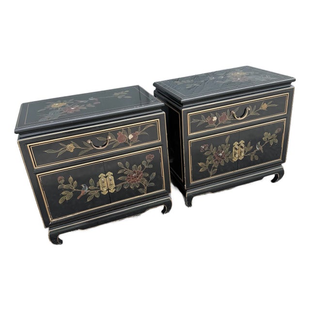 Vintage Cantonese Black Lacquered Hand Painted Nightstands - A Pair For Sale