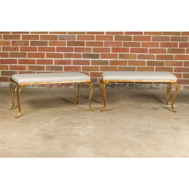 Mid 20th Century Midcentury French Gilt Metal Benches with Cabriole Legs and Upholstery, a Pair For Sale - Image 5 of 12
