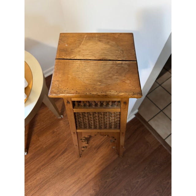 Brown Antique Moorish Pedestal Plant Stand Carved Wood Moucharabieh Lattice Table 40" For Sale - Image 8 of 8